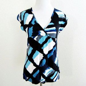 Blue Abstract Babydoll Tee Wrap Bodice Empire Waist - Size S